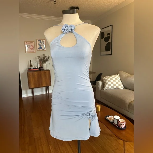 Meshki Light Blue Backless Dress with Floral Details